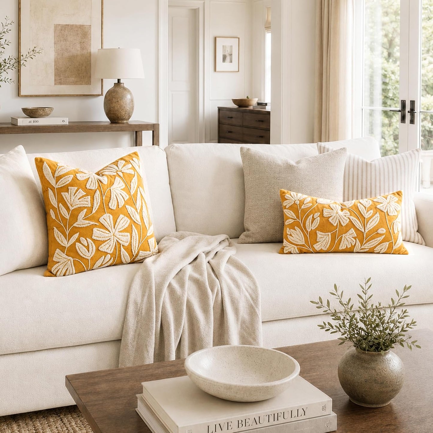 BlissBlush Throw Pillow Cover 20x20 Inch, Mustard Floral Tufted Velvet Decorative Accent Pillow Case for Sofa Bed Living Room, Cover Only