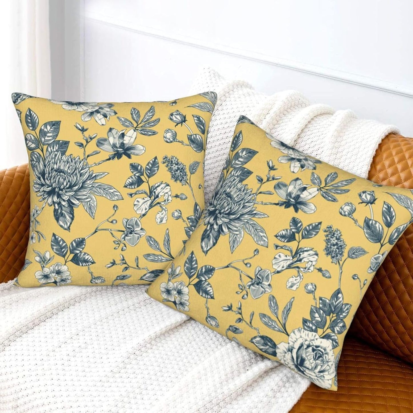 Floral Toile Throw Pillow Covers 18x18 inch Set of 2 Yellow Chinoiserie Flowers Pillow Cases French Country Spring Decorative Cushion Covers for Sofa Couch