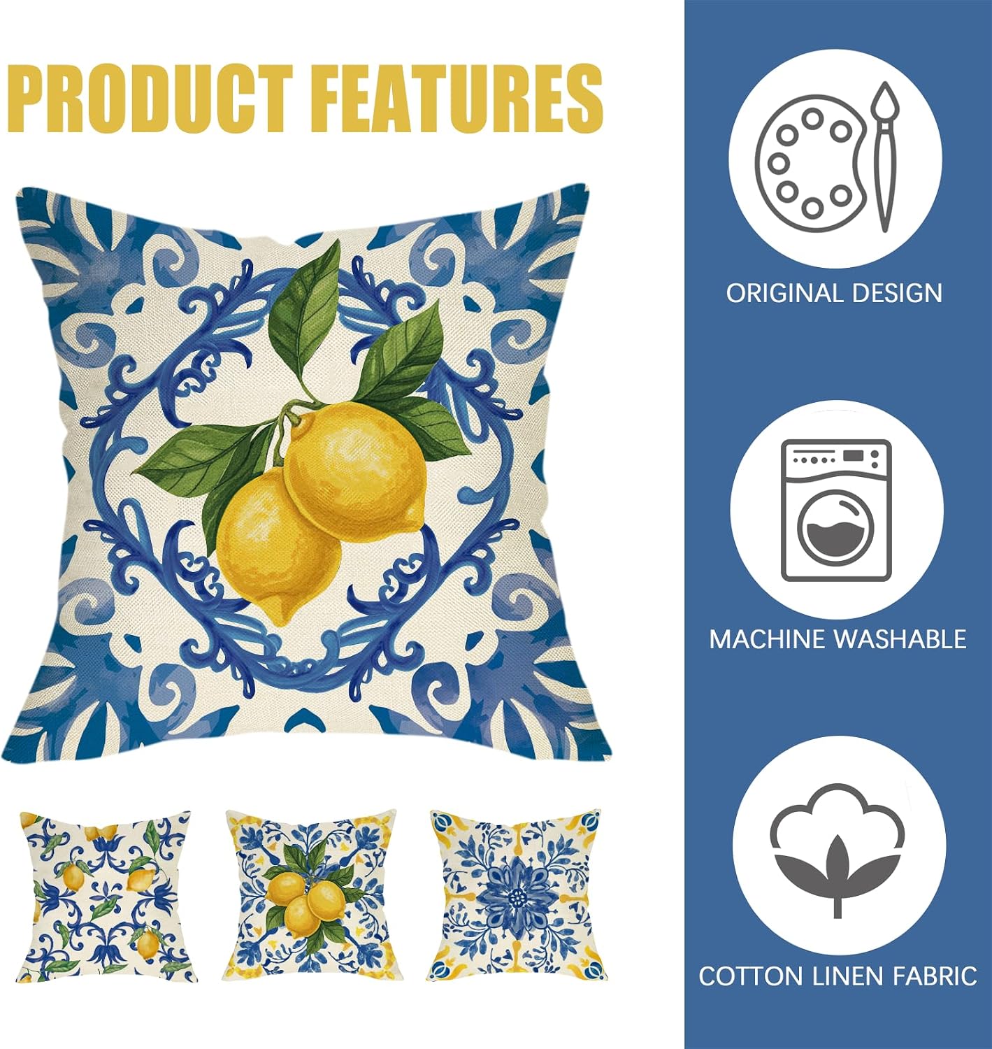 Fahrendom Blue Lemon Italy Tile Pattern Decorative Throw Pillow Covers 18 x 18 Set of 4, Amalfi Coast Italian Capri Citrus Porch Pillowcase, Summer Mediterranean Sofa Couch Cushion Case Home Decor