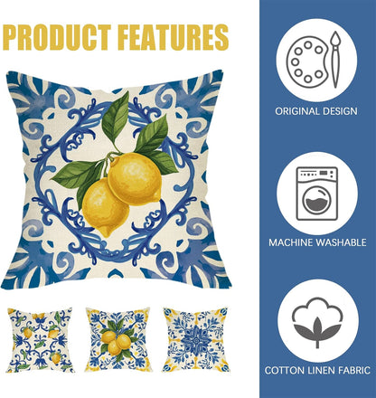 Fahrendom Blue Lemon Italy Tile Pattern Decorative Throw Pillow Covers 18 x 18 Set of 4, Amalfi Coast Italian Capri Citrus Porch Pillowcase, Summer Mediterranean Sofa Couch Cushion Case Home Decor