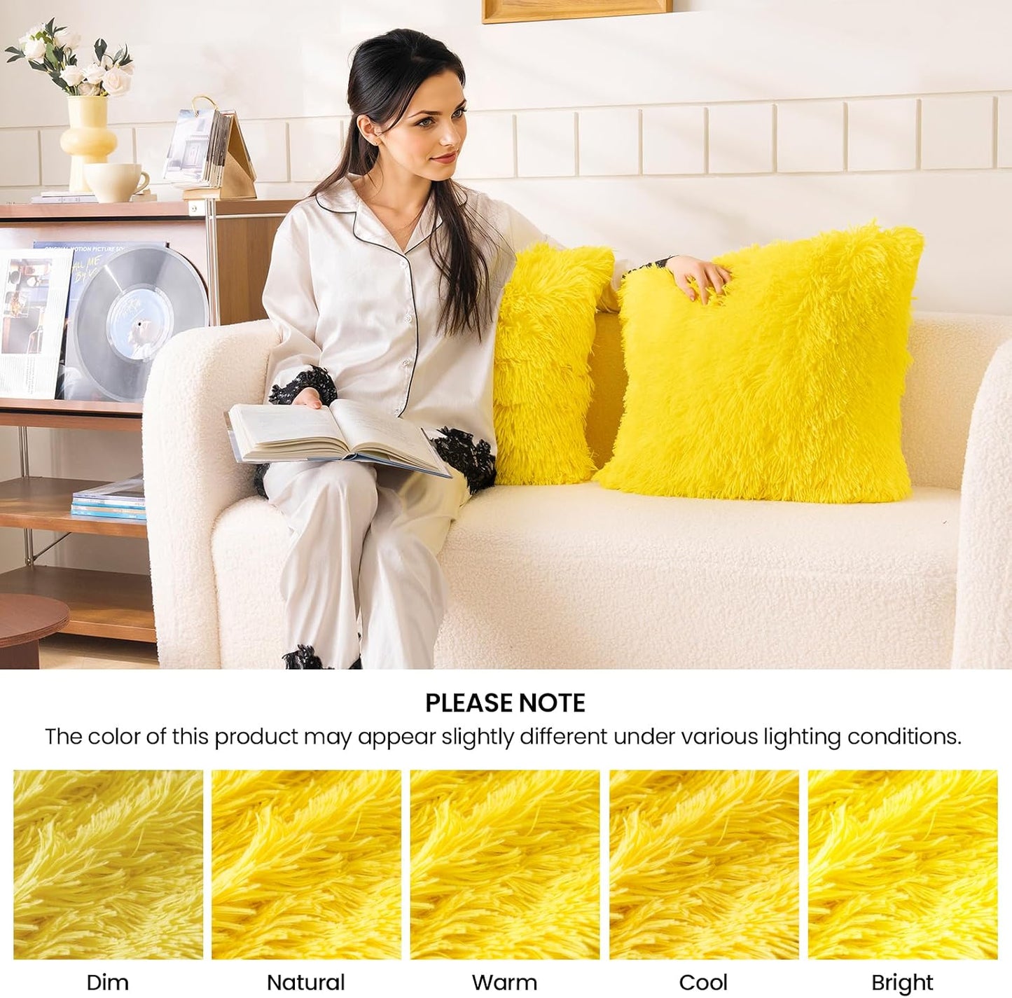 Faux Fur Yellow Throw Pillow Covers, Fluffy Soft Fuzzy Decorative Pillow Cases Cute Pillowcases for Home Bedroom Living Room, Zipper Closure, Set of 2 (Yellow, 18"x 18")