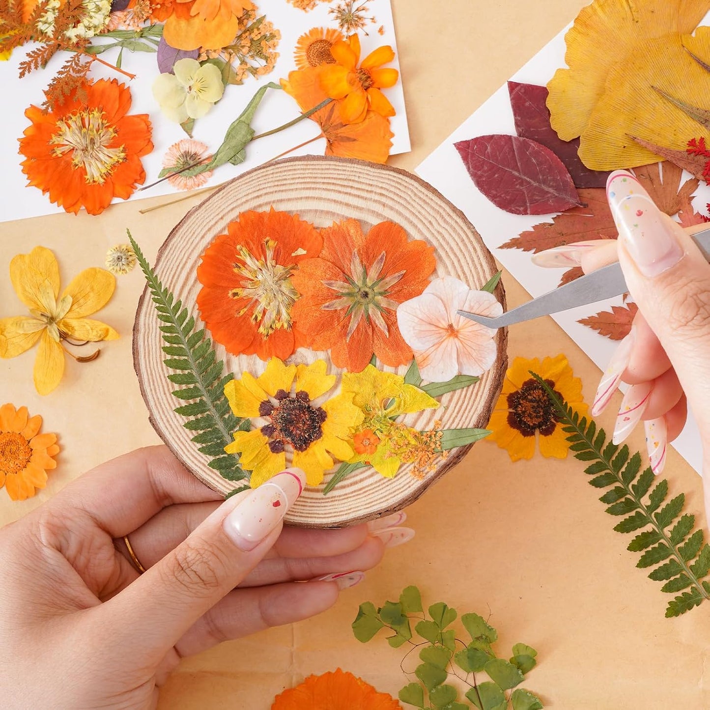 100 Pcs Fall Dried Pressed Flowers for Resin, Autumn Dried Flowers Leaves for DIY Crafts Thanksgiving Scrapbooking Jewelry Molds Soap Candle Making and Nail Decor (Orange)