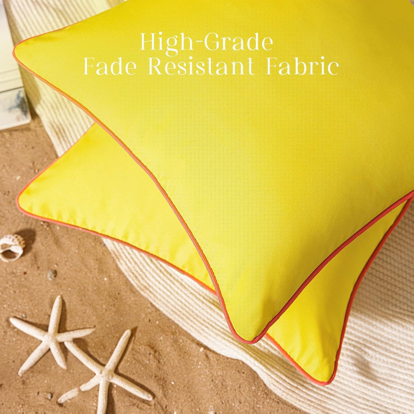 Phantoscope Pack of 2 Outdoor Waterproof Throw Pillow Covers with Contrast Piping, Decorative Square Cushion Case Patio Pillows for Couch Tent, Lemon Yellow 12x20 inches