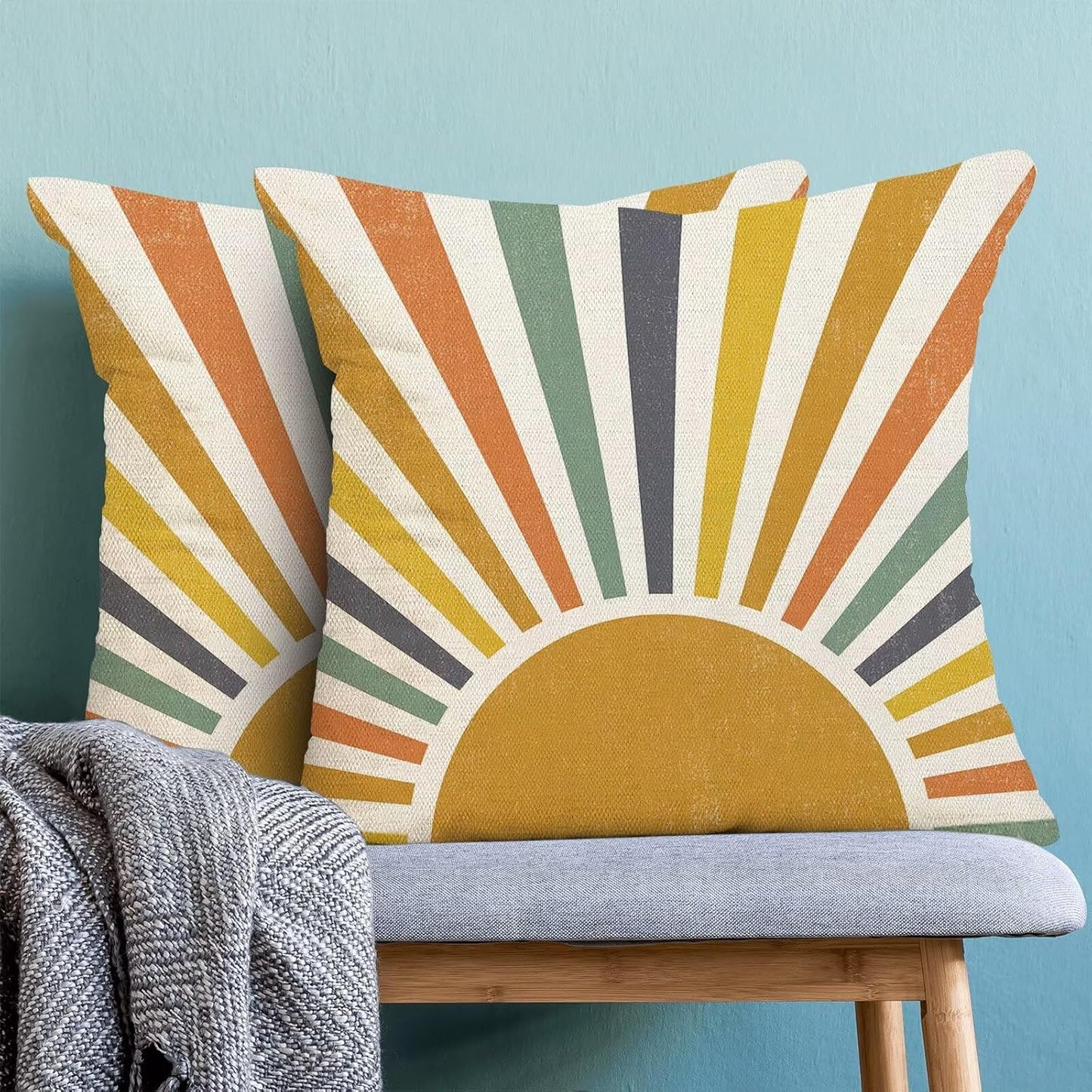Boho Stripes Pillow Covers 20 x 20 Set of 2, Summer Yellow Rainbow Sun Outdoor Decorative Throw Pillows Farmhouse Linen Sunshine Cushion Case for Home Couch Sofa Decor