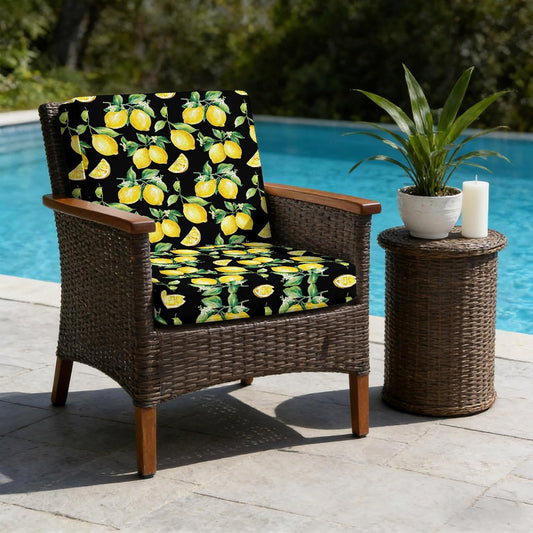 Outdoor Patio Cushion Covers 2 Pack Yellow Lemon Chair Pads Slipcovers with Ties Waterproof Watercolor Fruit Leaves Black Seat Cushion Covers for Outdoor Furniture Protector Couch Sofa 22x20 Inch