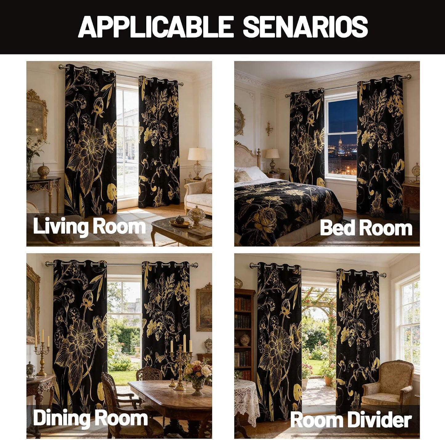 Black and Gold Vintage Botanical Blackout Curtains Patterned Golden Yellow Floral Window Drapes for Bedroom Living Room, 84 inch Length 2 Panels Set, 52x84 inch