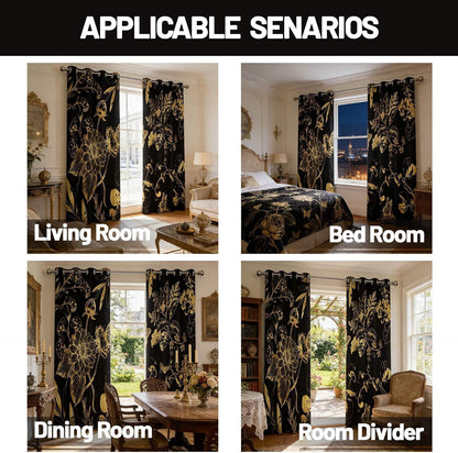 Black and Gold Vintage Botanical Blackout Curtains Patterned Golden Yellow Floral Window Drapes for Bedroom Living Room, 84 inch Length 2 Panels Set, 52x84 inch