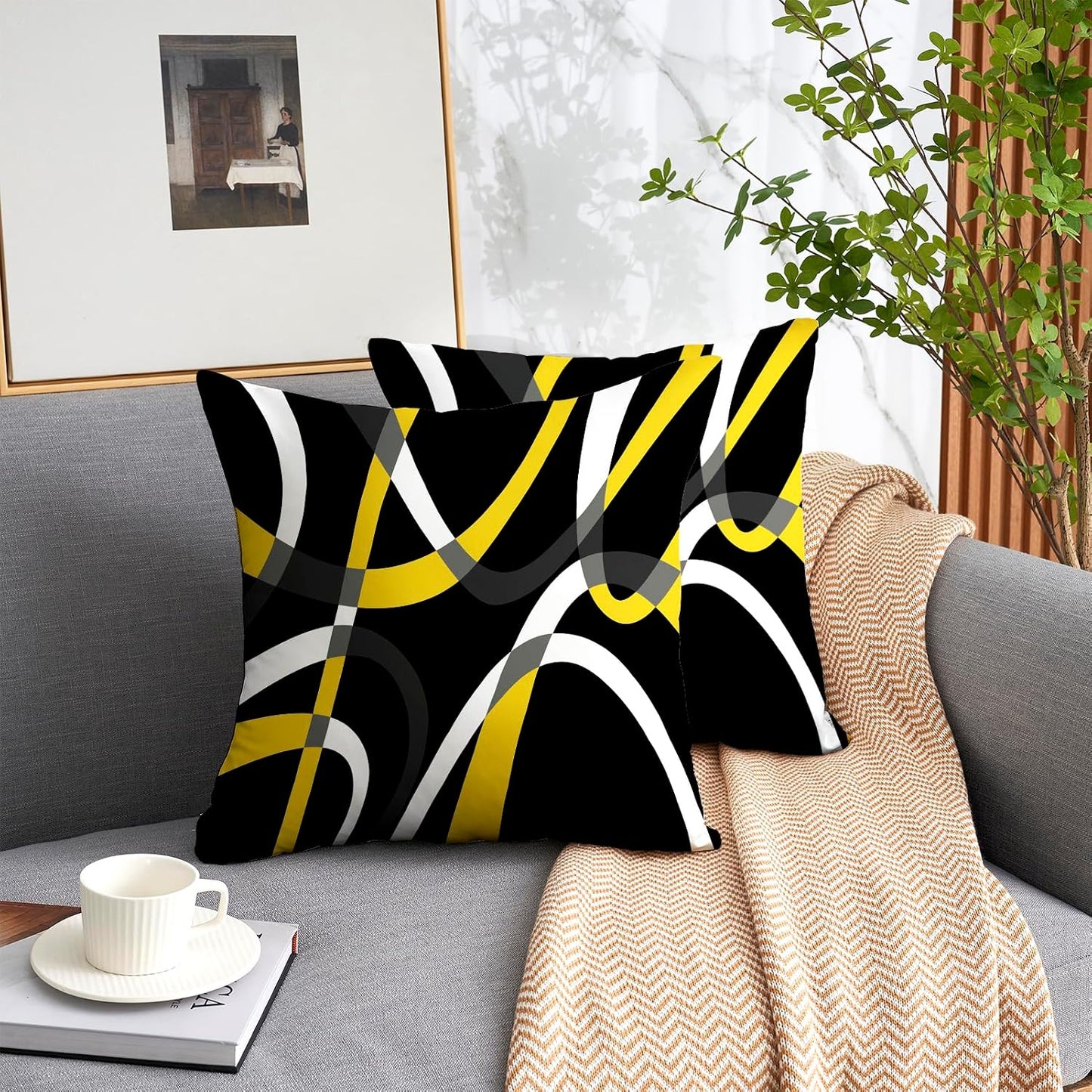 weesire Black and Yellow Throw Pillow Covers Set of 2 Modern Stripe Cushion Covers for Living Room Sofa Accent Home Decor Abstract Art Decorative Pillowcases Outdoor Pillows Covers 20"x20"