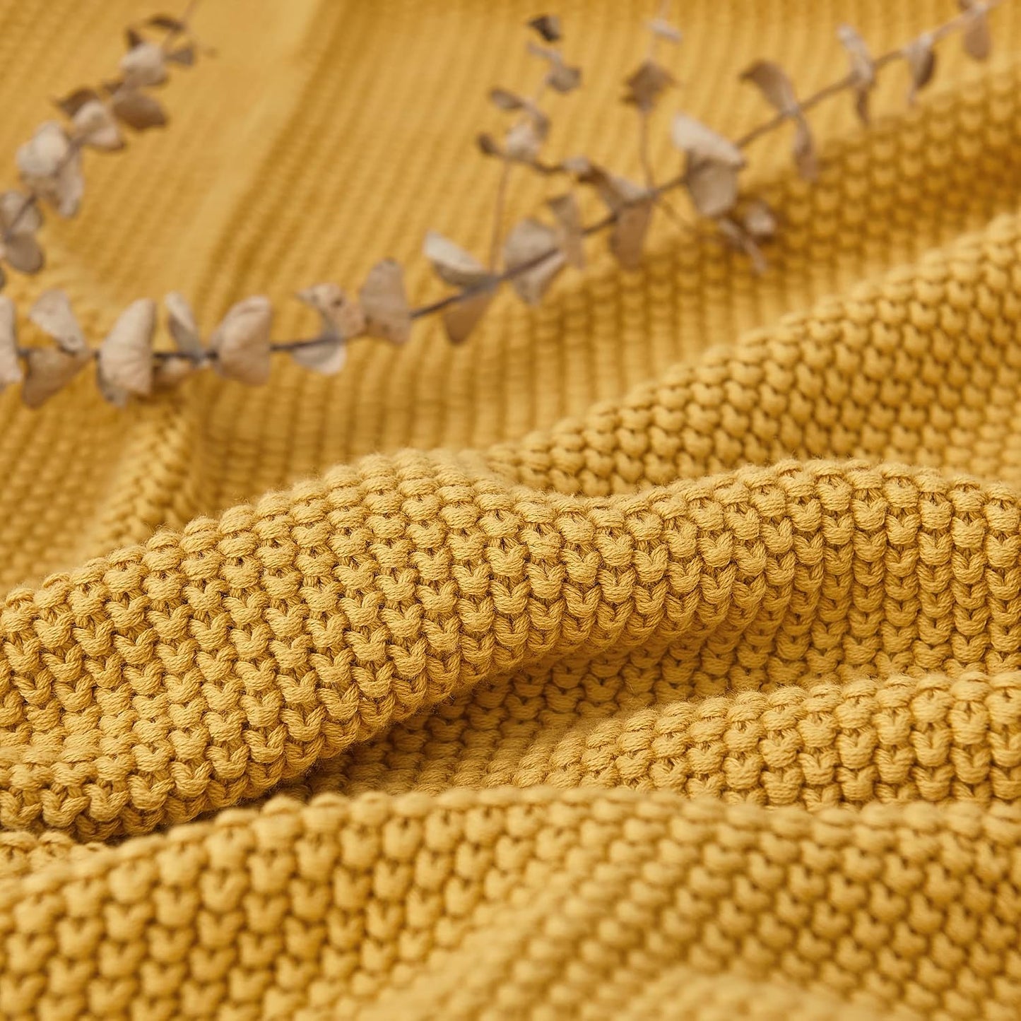 Longhui bedding Mustard Yellow Cotton Cable Knit Throw Blanket for Couch Sofa Bed, Home Decorative Lightweight Knitted Blankets with Bonus Laundering Bag, 60“ x 80”, Machine Washable