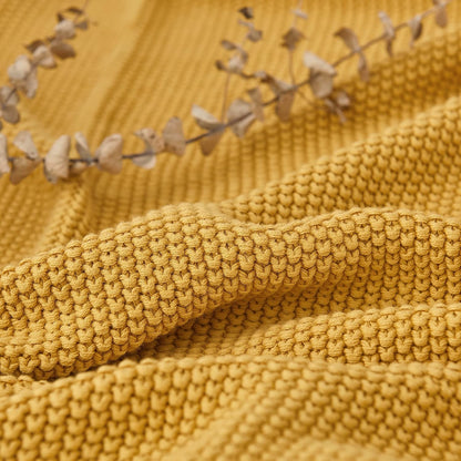 Longhui bedding Mustard Yellow Cotton Cable Knit Throw Blanket for Couch Sofa Bed, Home Decorative Lightweight Knitted Blankets with Bonus Laundering Bag, 60“ x 80”, Machine Washable