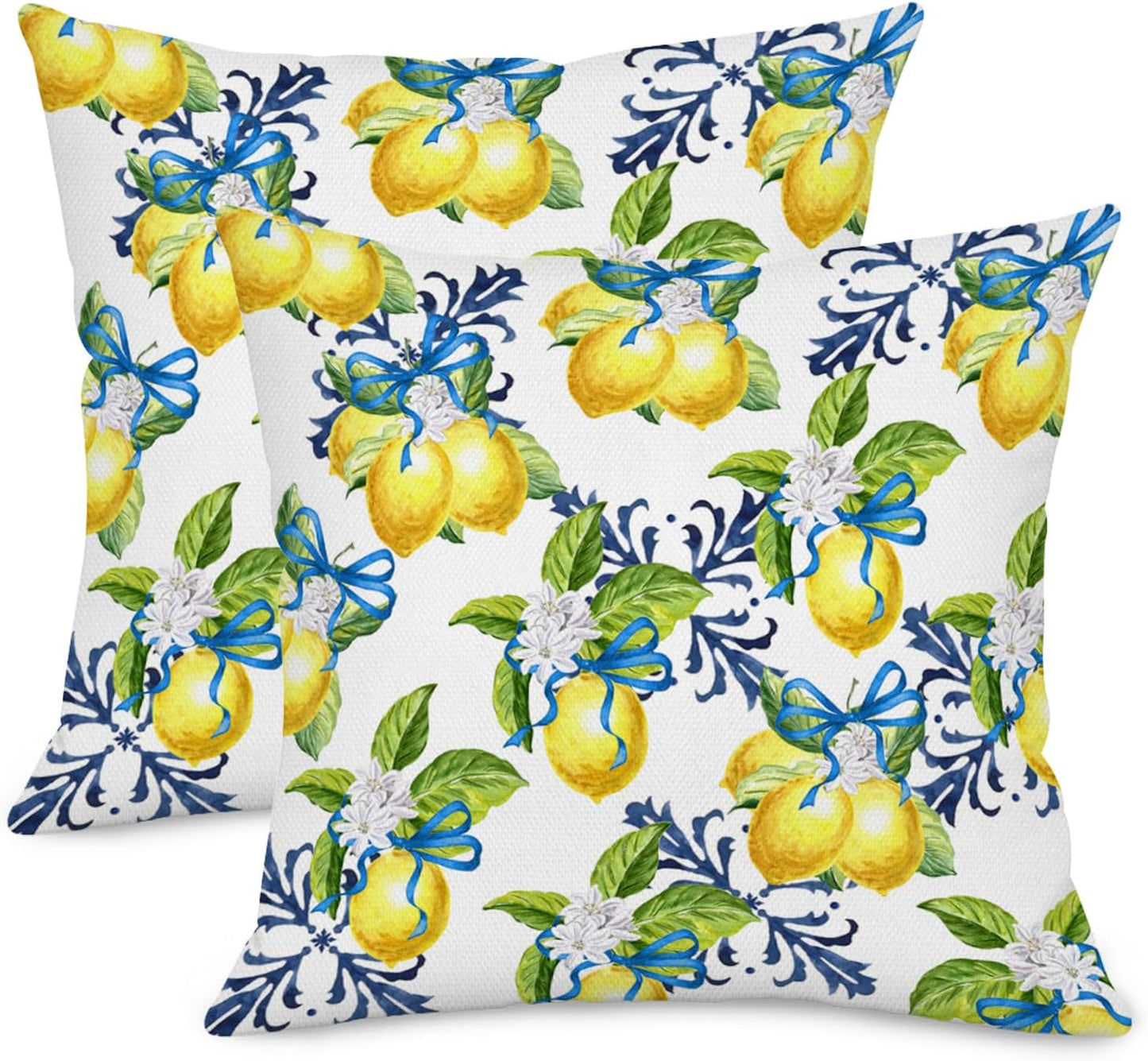 Yellow Lemon Pillow Covers, 18x18 Inch Decorative Throw Pillow Cases with Blue Bowknot, Farmhouse Summer Lemon Green Leaf Floral Cushion Cover for Outdoor Decor, Set of 2