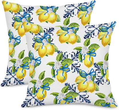 Yellow Lemon Pillow Covers, 18x18 Inch Decorative Throw Pillow Cases with Blue Bowknot, Farmhouse Summer Lemon Green Leaf Floral Cushion Cover for Outdoor Decor, Set of 2