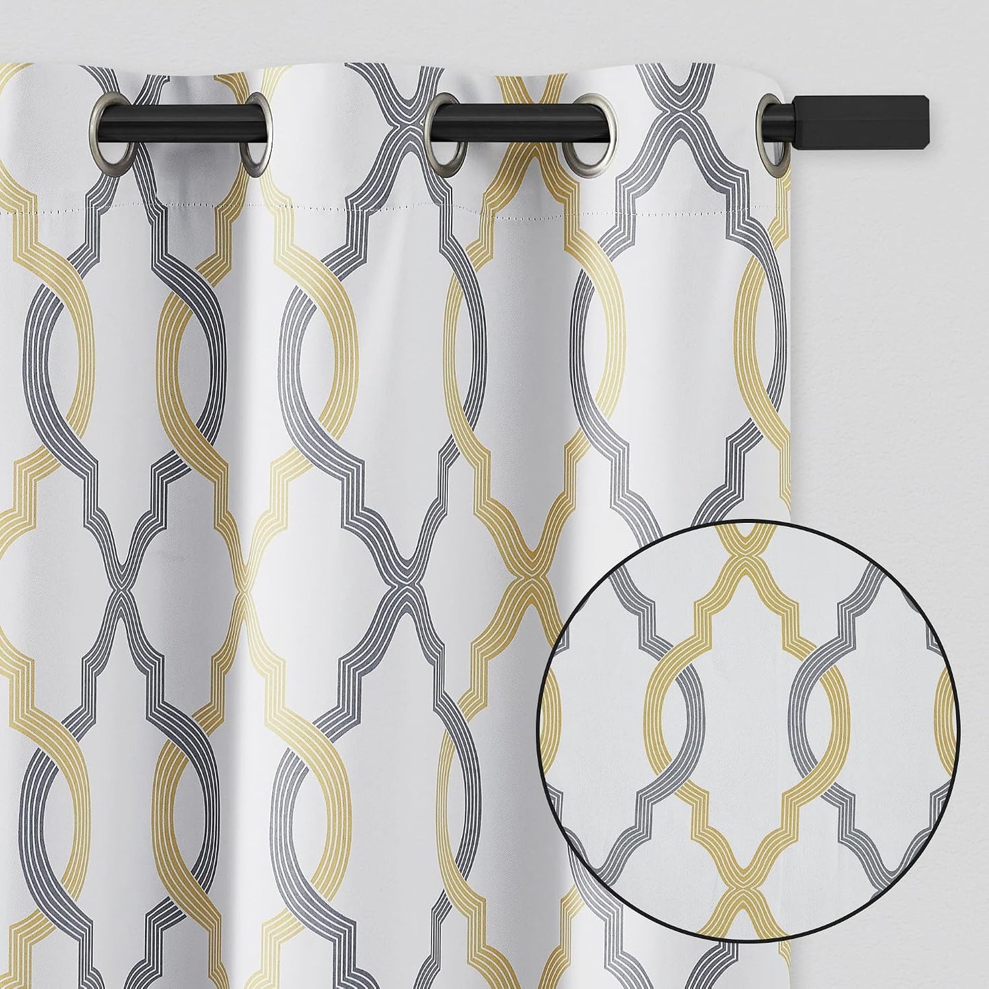 100% Blackout Curtains 84 Inches Long for Bedroom, Yellow Grey on White Moroccan Geometric Patterned Window Curtain for Living Room, Farmhouse Thermal Insulated Drapes Grommet Top 2 Panels