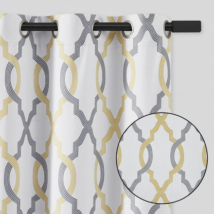 100% Blackout Curtains 84 Inches Long for Bedroom, Yellow Grey on White Moroccan Geometric Patterned Window Curtain for Living Room, Farmhouse Thermal Insulated Drapes Grommet Top 2 Panels