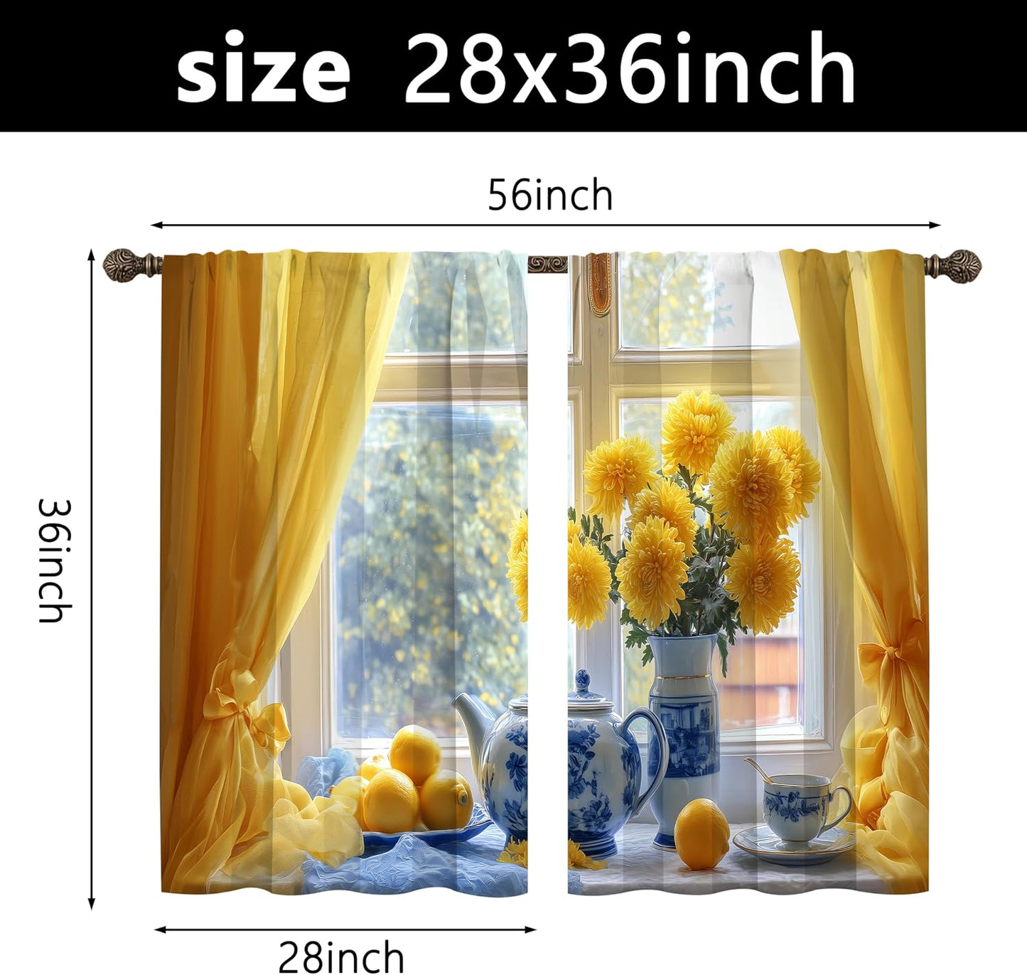 bassyil Yellow Flower Lemon Kitchen Curtains Cafe Curtains for Bathroom Dining Room Living Room Farmhouse Pocket Window Drapes 2 Panels Set Blackout Curtain 28"x36"