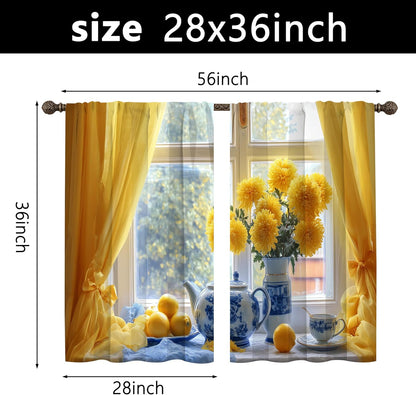 bassyil Yellow Flower Lemon Kitchen Curtains Cafe Curtains for Bathroom Dining Room Living Room Farmhouse Pocket Window Drapes 2 Panels Set Blackout Curtain 28"x36"