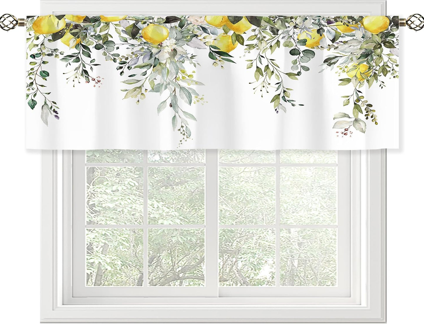 Sage Green Eucalyptus Lemon Botanical Leaves Valances Kitchen Curtains Flower Window Drapes Floral Plants Botanical Wildflower Bedroom Bathroom Living Room Treatment Tier 1 Panel 52Wx18H Inch