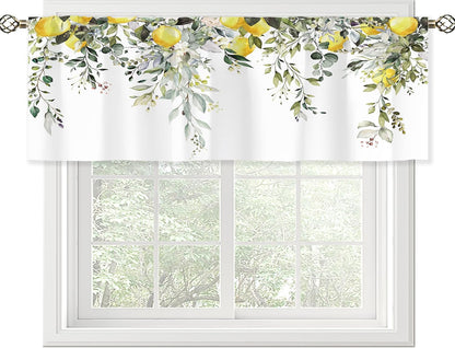 Sage Green Eucalyptus Lemon Botanical Leaves Valances Kitchen Curtains Flower Window Drapes Floral Plants Botanical Wildflower Bedroom Bathroom Living Room Treatment Tier 1 Panel 52Wx18H Inch