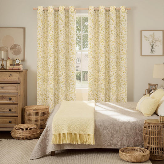 BGment Light Yellow Vintage Curtains for Living Room 72 Inch Length, Botanical Jacquard French Country Cottage Core Farmhouse Linen Curtains Light Filtering Bronze Grommet Drapes, 52 x 72 Inch