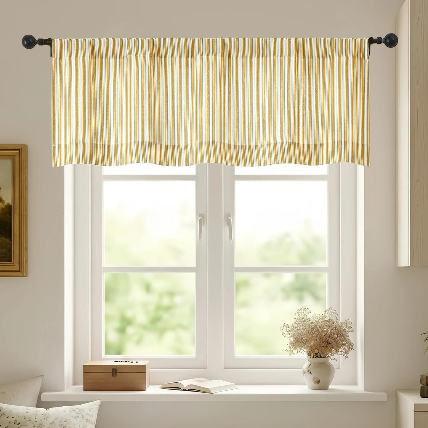Chyhomenyc Striped Valances for Windows - Light Filtering Faux Linen Small Tier Valance Curtains, Boho Ticking Stripe Rod Pocket Farmhouse Valance for Living Room, 52Wx14L, 2 Pieces, Yellow Gold