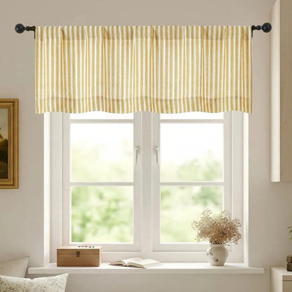 Chyhomenyc Striped Valances for Windows - Light Filtering Faux Linen Small Tier Valance Curtains, Boho Ticking Stripe Rod Pocket Farmhouse Valance for Living Room, 52Wx14L, 2 Pieces, Yellow Gold