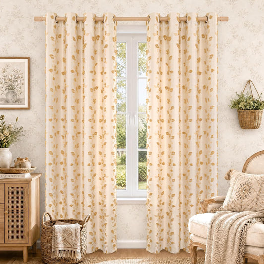 BGment Yellow Linen Curtains for Living Room, Jacquard Leaf Botanical Pattern Tufted Boho Pom Pom Farmhouse French Country Vintage Light Filtering Elegant Luxury Soft Window Drapes, 2 Panels, 52 x 84