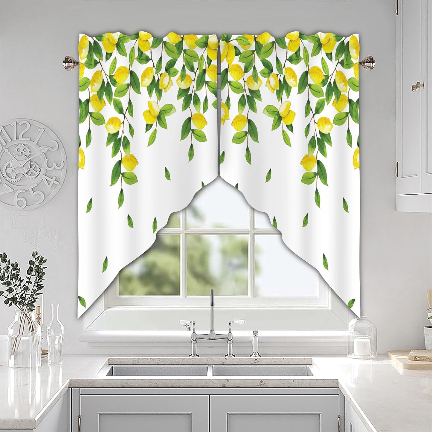 Lemon Swag Curtain Valance for Windows,Yellow Green Window Treatments Short Swag Topper for Kitchen Windows Bathroom Bedroom,28 x 36 Inch, 1 Pair