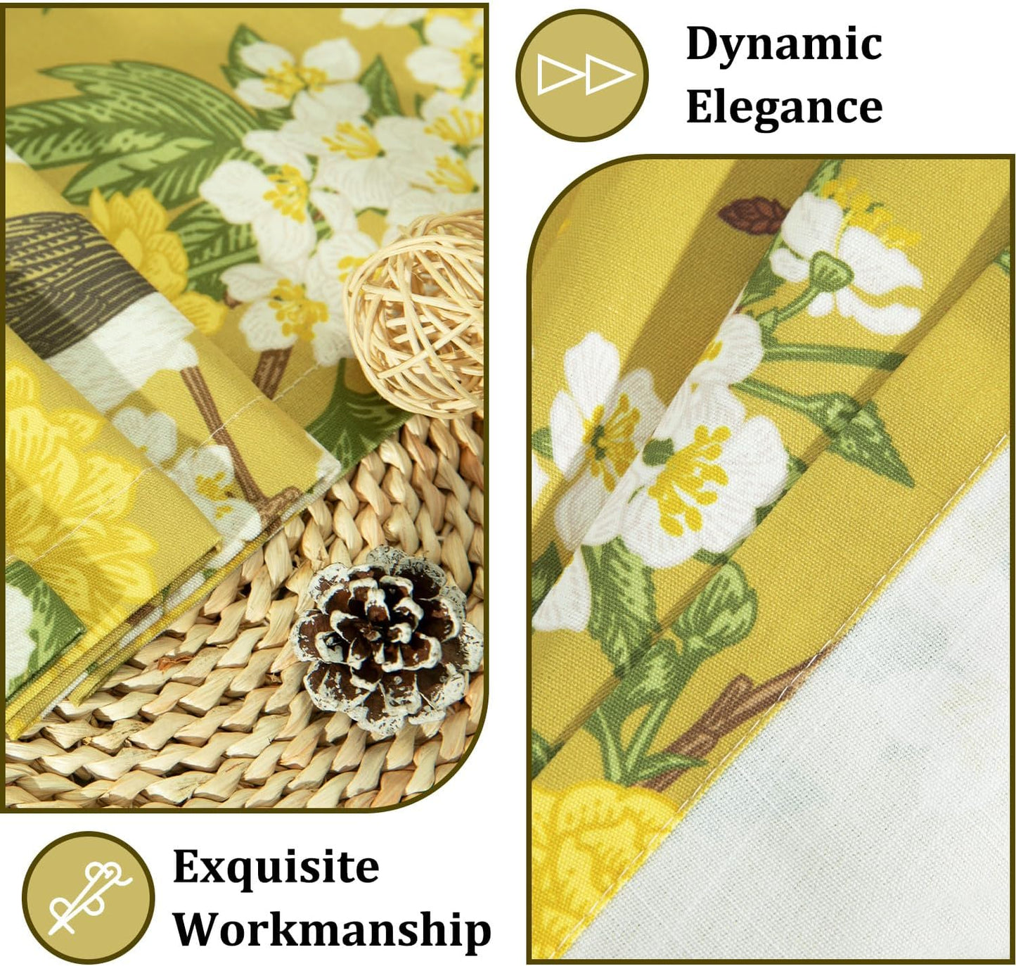Leeva Farmhouse Style Yellow Floral Valance Curtains, 52x18 Rod Pocket Window Treatment for Kitchen Living Room Bedroom, Linen Textured Bird Print