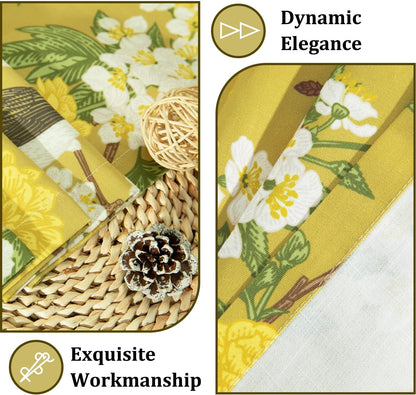 Leeva Farmhouse Style Yellow Floral Valance Curtains, 52x18 Rod Pocket Window Treatment for Kitchen Living Room Bedroom, Linen Textured Bird Print