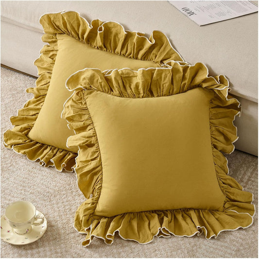 Zealax Mustard Yellow Gorgeous Ruffle Throw Pillow Covers 18x18 Inch, Chic Washed Cotton Pillow Cases Decorative Vintage Pillow Shams Cushion Cover for Bed Couch Living Room Farmhouse Decor, Set of 2
