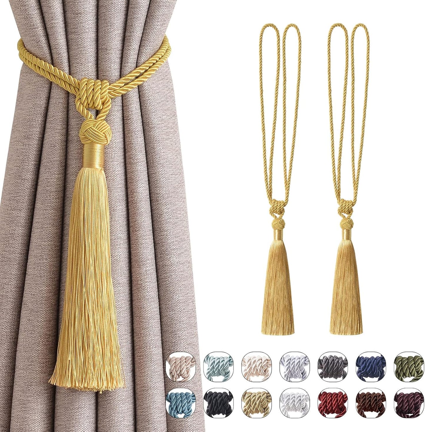 NICEEC 2 Pack Long Tassel Curtain Tiebacks Handmade Braided Rope Knot Drape Tie Backs European Style Decorative Curtain Holdbacks for Home & Office Window Drapery (Yellow)