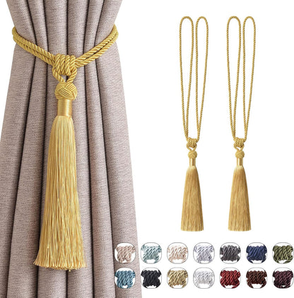 NICEEC 2 Pack Long Tassel Curtain Tiebacks Handmade Braided Rope Knot Drape Tie Backs European Style Decorative Curtain Holdbacks for Home & Office Window Drapery (Yellow)