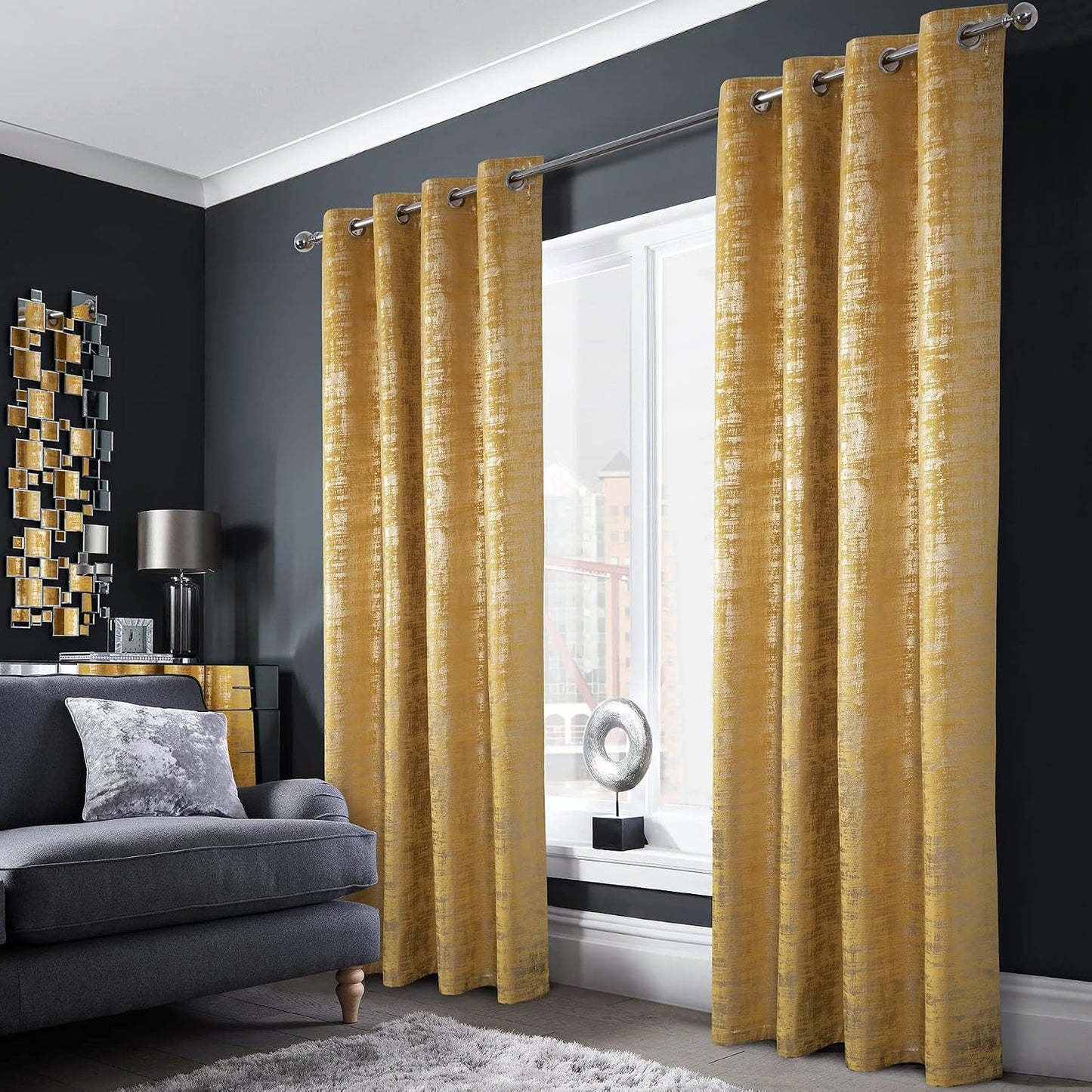 always4u Yellow Soft Velvet Curtains 108 Inch Length Long Luxury Bedroom Curtains Gold Foil Print Window Treatments for Living Room Set of 2