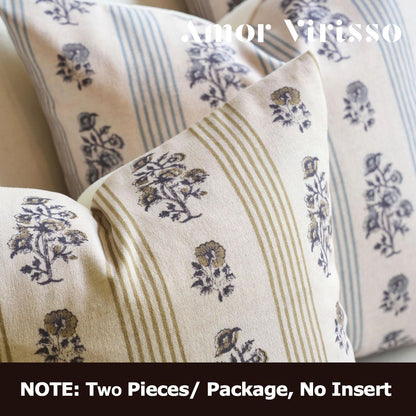 Amor Virisso Floral Throw Pillow Covers 20x20 Set of 2 Block Print Pillow Covers Neutral Floral Striped Farmhouse Decorative Pillow Covers for Sofa Couch Bed, Yellow