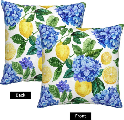 KiuLoam Summer Lemon Hydrangea Pillow Covers 18x18 Set of 2 Blue Yellow Floral Decorative Throw Pillow Covers Outdoor Farmhouse Cushion Cases for Sofa Couch Bed Living Room Decor