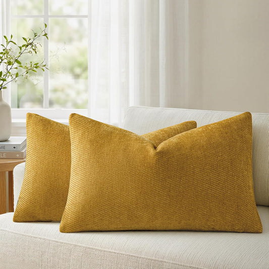 a moment Pack of 2 Decorative Chenille Throw Pillow Covers with Twill Cushion Covers for Sofa Living Room Couch Bed 12x20 Inch Yellow