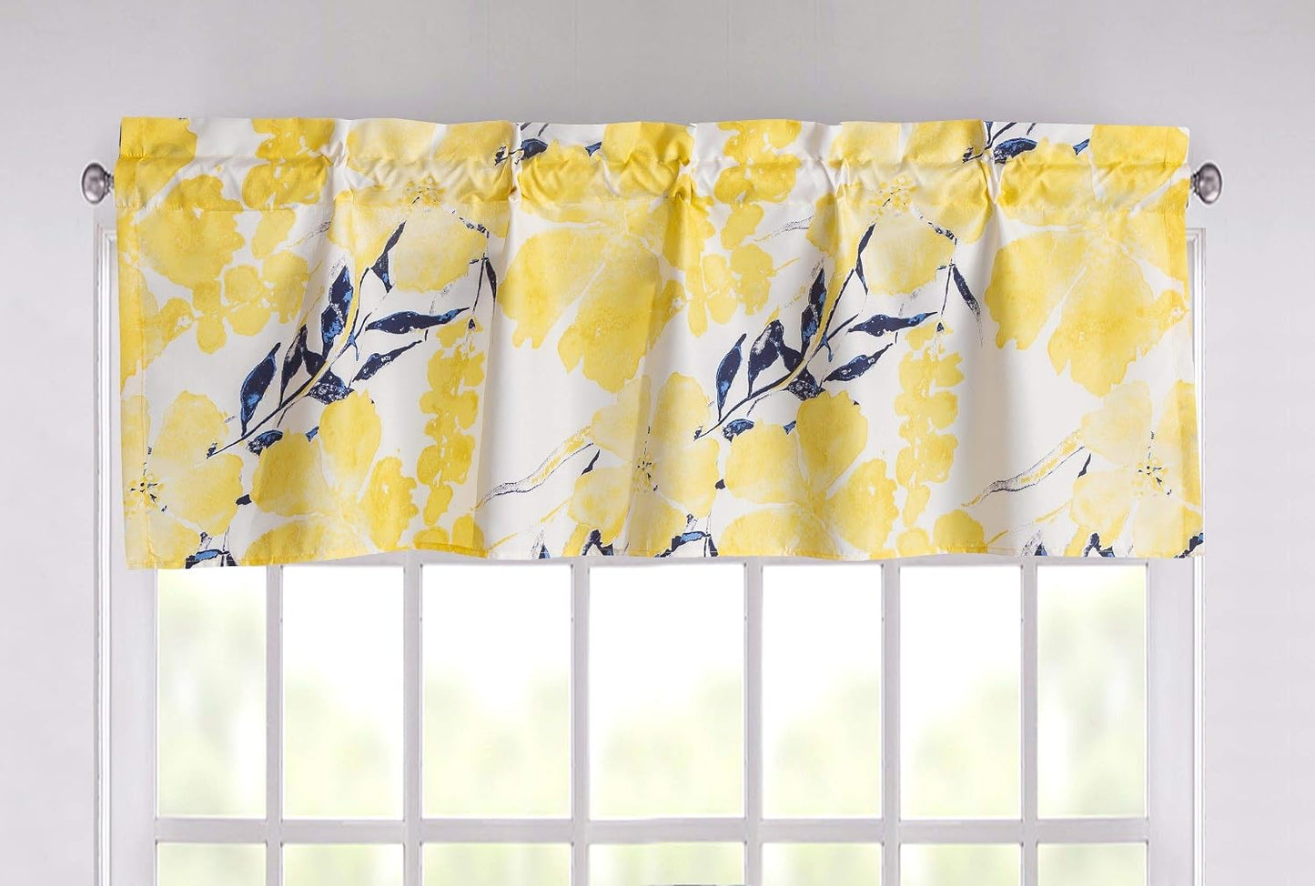 Tache Spring Leaves Floral Tailored Window Valance, Semi-Sheer Microfiber Curtain Topper for Kitchen or Bathroom, Bright Yellow & Navy Blue, 18" x 52"