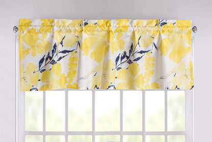 Tache Spring Leaves Floral Tailored Window Valance, Semi-Sheer Microfiber Curtain Topper for Kitchen or Bathroom, Bright Yellow & Navy Blue, 18" x 52"