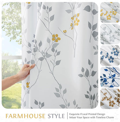 Beauoop Floral 100% Blackout Curtains 84 Inches Long 2 Panels for Bedroom Living Room Yellow Grey and White Flower Patterned Room Darkening Thermal Soundproof Grommet Window Treatments Drapes, 52X84