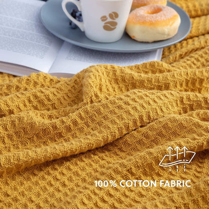Luxurious Combed Cotton Waffle Weave Super Soft, Cozy Warm, Breathable, Light Weight, Stylish, All Season Thermal Blankets Twin/Full/Queen/King (Mustard Yellow, Full/Queen)
