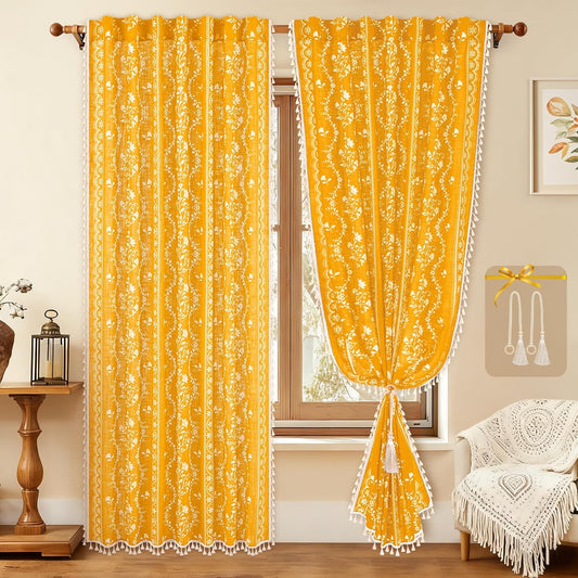Yinhua Boho Curtains for Living Room 84 Inch Length Vintage Linen Yellow Curtains for Bedroom Light Filtering Floral Window Curtain Rod Pocket & Back Tabs Farmhouse Rustic Tassel Drapes with Tiebacks