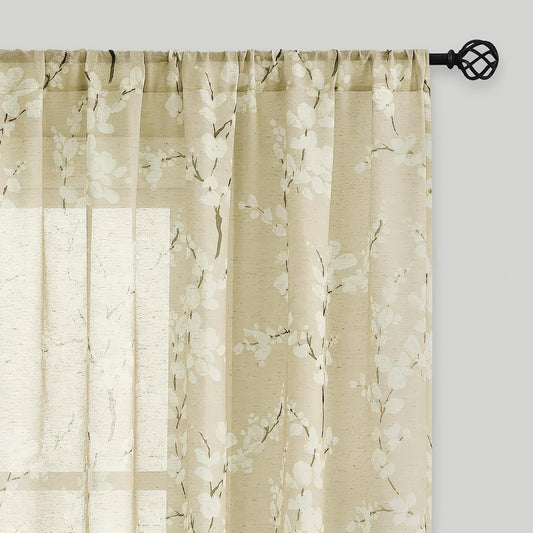 FMFUNCTEX Linen Sheer Curtains for Living Room, Cream Blossom Floral Print Curtains 84 Inches Long for Bedroom, Light Filtering Linen Blend Butter Yellow Floral Window Curtain 2 Panels Rod Pocket