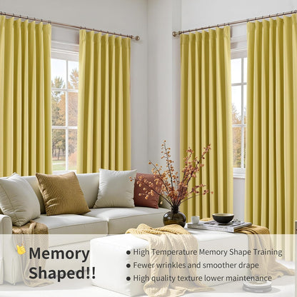 Yellow Pinch Pleated Linen 100% Blackout Curtains 84 Inch Length 2 Panels Insulated Thermal Fall Blackout Drapes for Bedroom Living Room Darkening Pinch Pleat Curtains with Hooks Rings Clips 7 FT