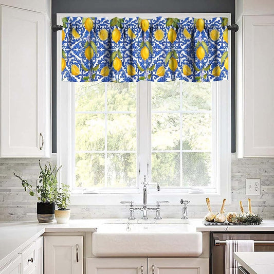 Italy Blue Tile Lemon Window Valance Curtains, Italian Navy Blue Burlap Watercolor Lemon Summer Fruit Window Valances for Farmhouse Kitchen Living Dinning Room Café Décor 54x18inch