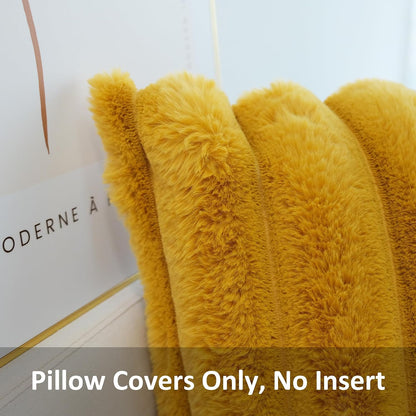 JOJUSIS Pack of 2 Faux Fur Plush Decorative Throw Pillow Covers Couch Cushion Case Soft Fluffy Pillowcases Wide Stripe (Yellow, 18 x 18 Inch)