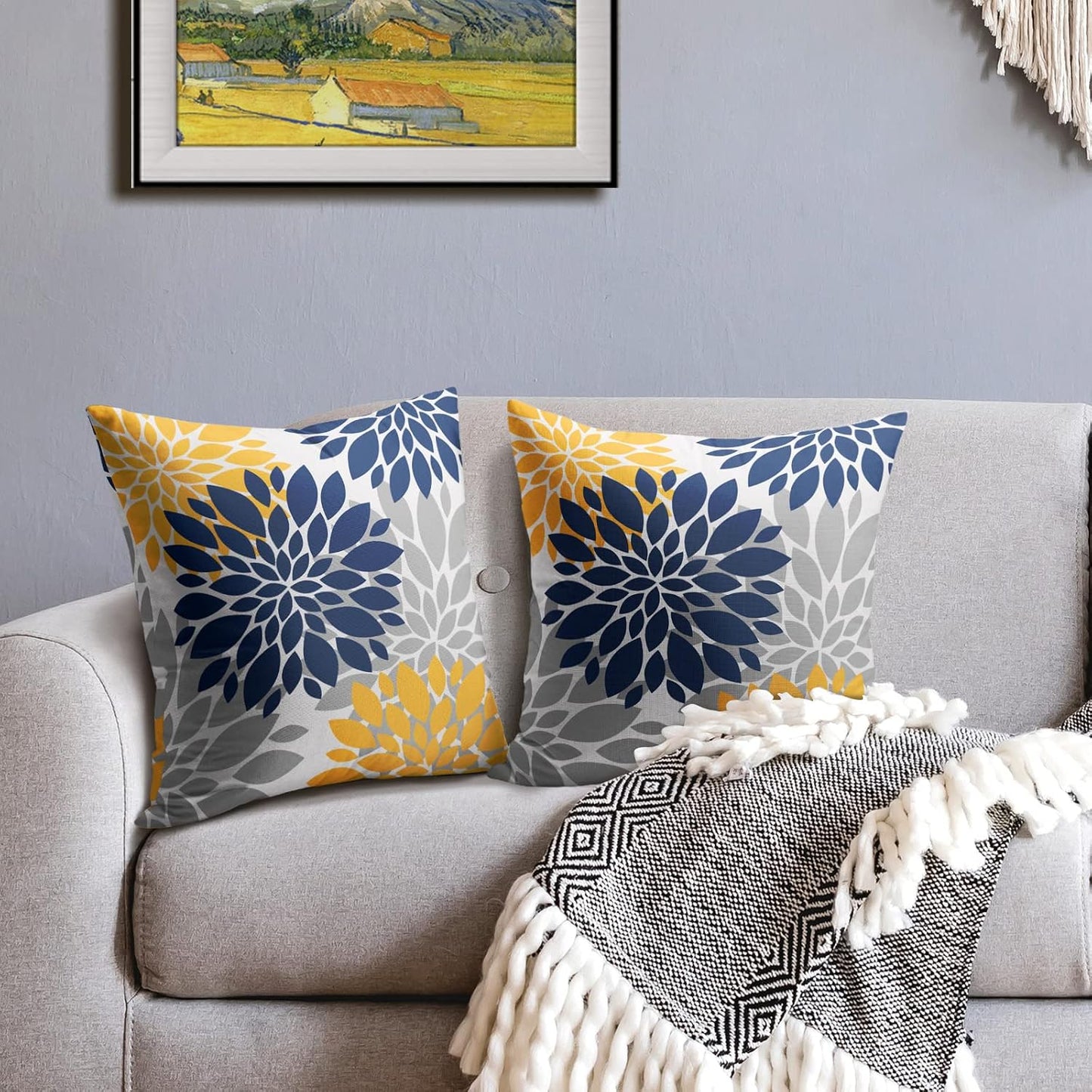 Navy Blue Yellow Pillow Covers 16x16 Set of 2 Grey Gray Dahlia Flower Outdoor Decorative Throw Pillows Modern Geometry Art Farmhouse Pillowcases Linen Cushion Case Decor for Home Sofa Couch Bed