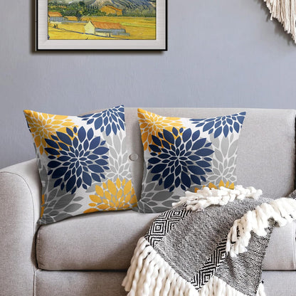 Navy Blue Yellow Pillow Covers 16x16 Set of 2 Grey Gray Dahlia Flower Outdoor Decorative Throw Pillows Modern Geometry Art Farmhouse Pillowcases Linen Cushion Case Decor for Home Sofa Couch Bed