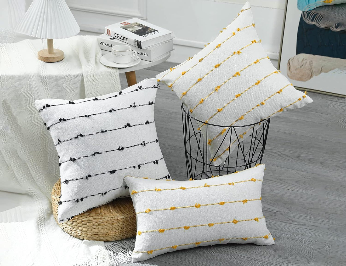 NUYECY Set of 2 Boho Throw Pillow Covers 18x18,Beige Yellow Neutral Couch Pillow Case with Tassel Fringe Decorative，Modern Accent Farmhouse Cushion Covers for Sofa Couch Bed Living Room