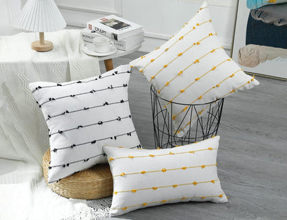 NUYECY Set of 2 Boho Throw Pillow Covers 18x18,Beige Yellow Neutral Couch Pillow Case with Tassel Fringe Decorative，Modern Accent Farmhouse Cushion Covers for Sofa Couch Bed Living Room