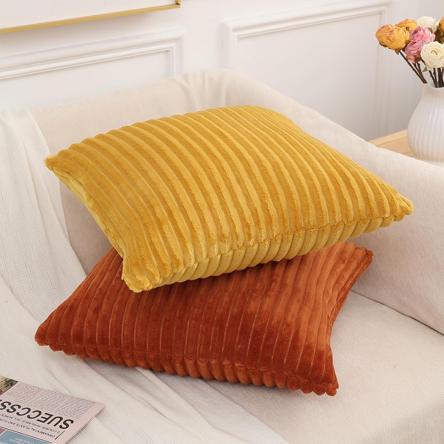 Simmore Decorative Fall Throw Pillow Covers 18x18 Set of 2, Soft Natural Plush Flannel Double-Sided Fluffy Couch Pillow Covers for Sofa Living Room, Mustard Yellow
